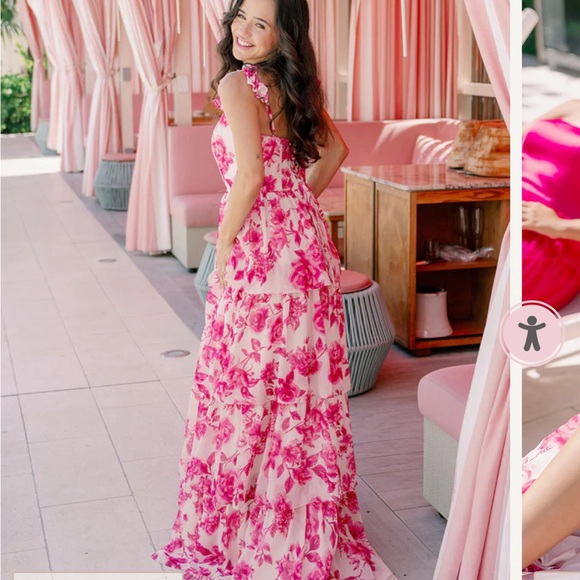Revelry Poppy Chiffon Floral Print Tiered Dress in Hot Pink Garden - Picture 2 of 6